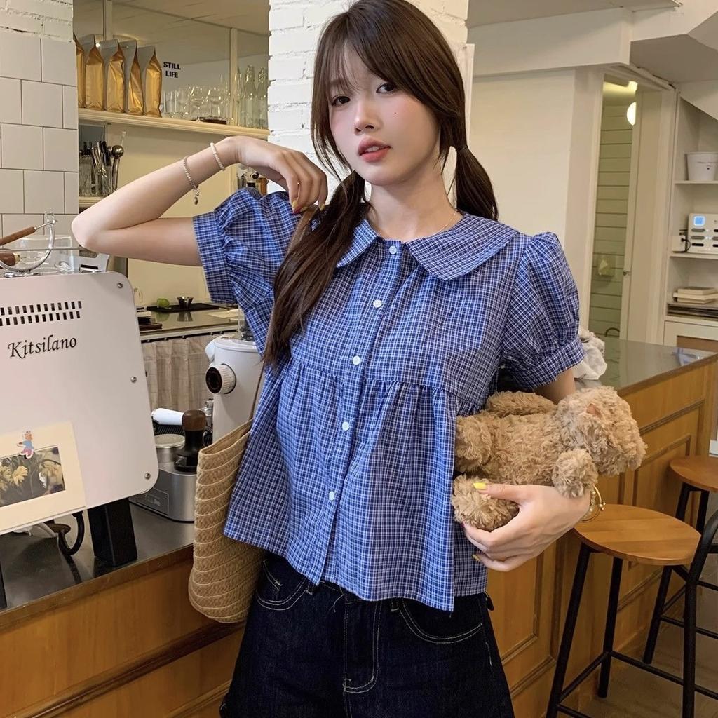 Korean college style retro blue plaid short-sleeved shirt women's spring summer sweet doll collar age-reducing shirt top