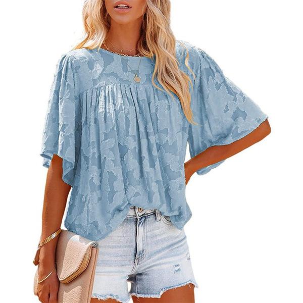 European and American women's clothing 2022 summer new Amazon shirt horn sleeve doll clothing lace hollow chiffon top women