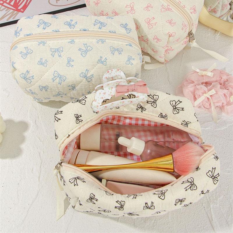 Ruffled Edge Bowknot Floral Print Makeup Bags Large Capacity Quilting Pen Bags Women Cosmetic Storage Bag Travel Wash Bag Clutch