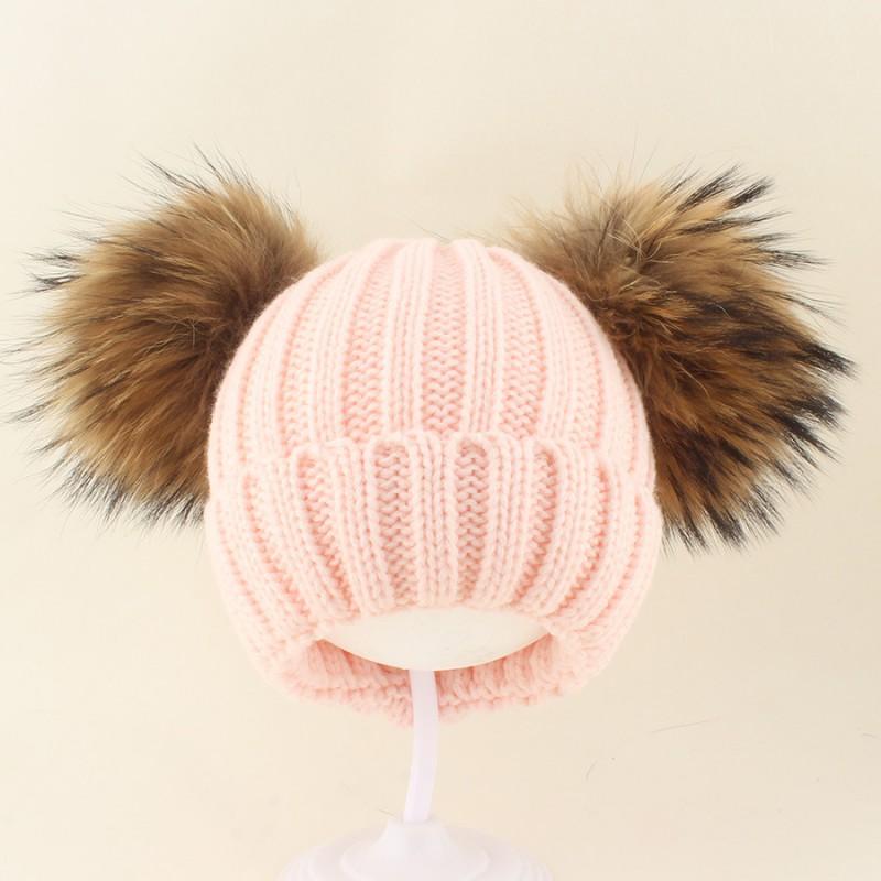 Kids Warm Knitted Beanie Hat With Double Pom Poms Striped Roll Edge Unisex Winter Cap Toddlers Children