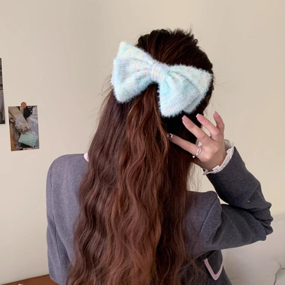 Cream gradual change color plush bow hairpin sweet and cute back head half tied spring clip hairpin simple hair accessories