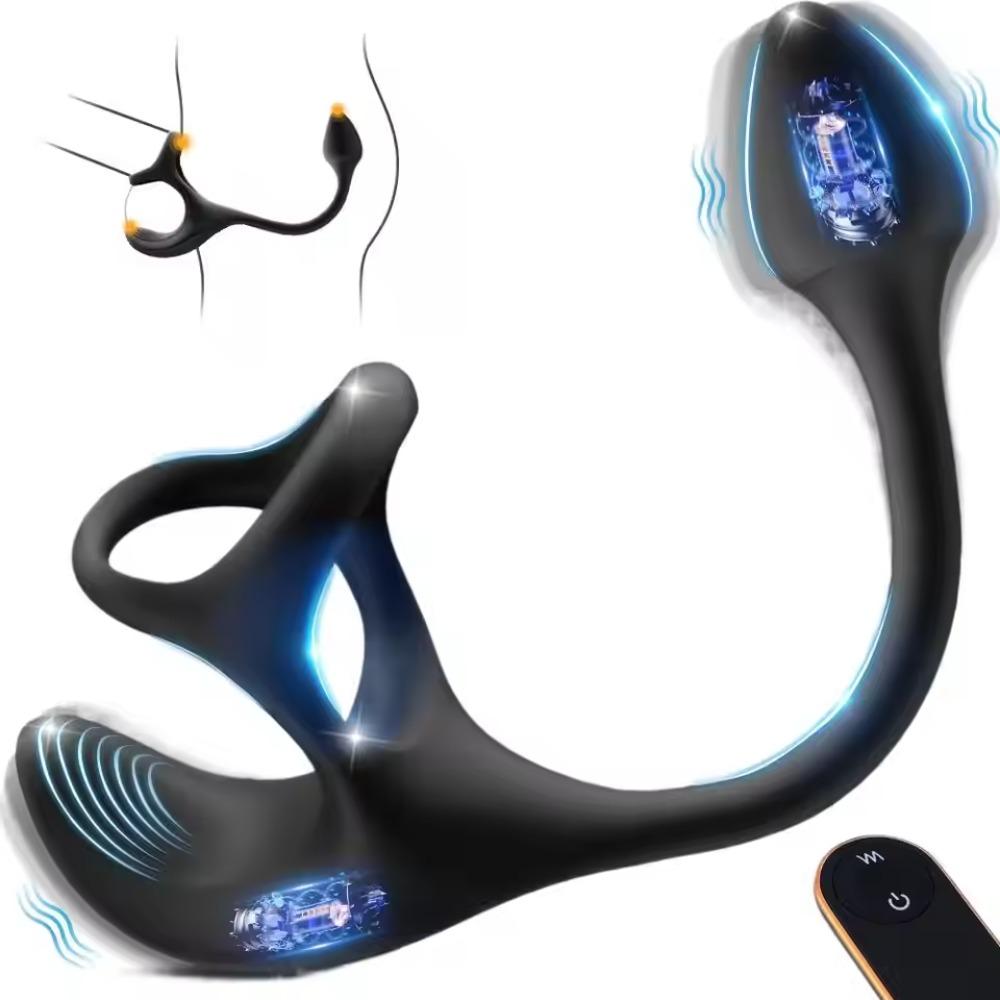 Vibrating Cock Ring Plug with Prostate Massager, 4 in 1 Taint Stimulator Ring Vibrator Couple Adult Sex Toy Men Remote Control