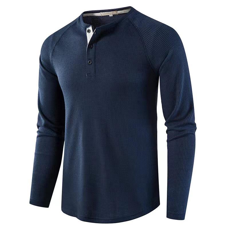 Men's Solid Color Long-Sleeve Henley Shirt - European & American Autumn/Winter Collection