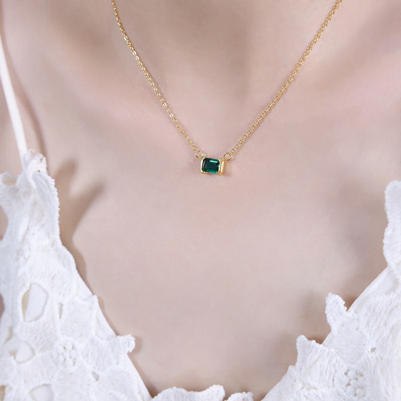 Elegant Emerald Zirconia Glass Pendant Necklace in Titanium Steel for Women