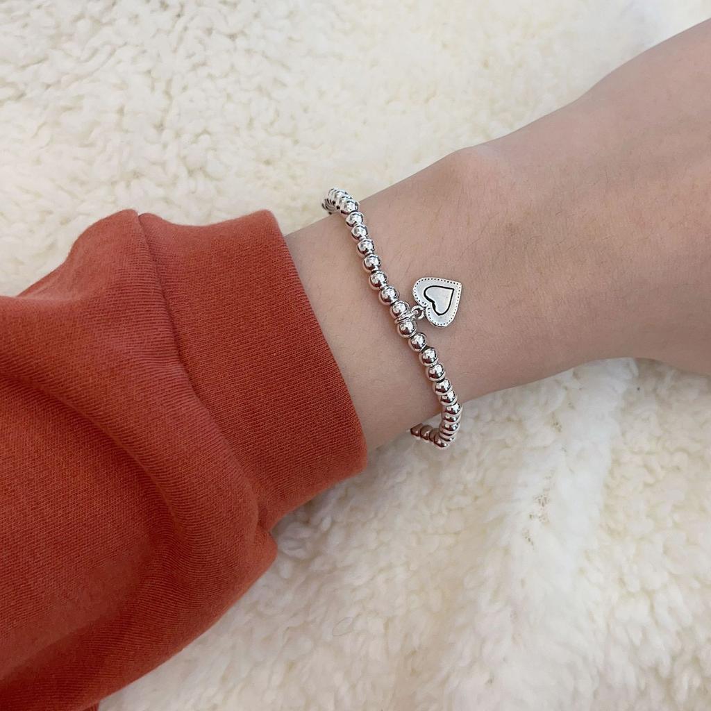 Simple Silver Round Bead Elastic Rope Love Pendant Bracelet Women'S High Sense Versatile Student Jewelry Trend