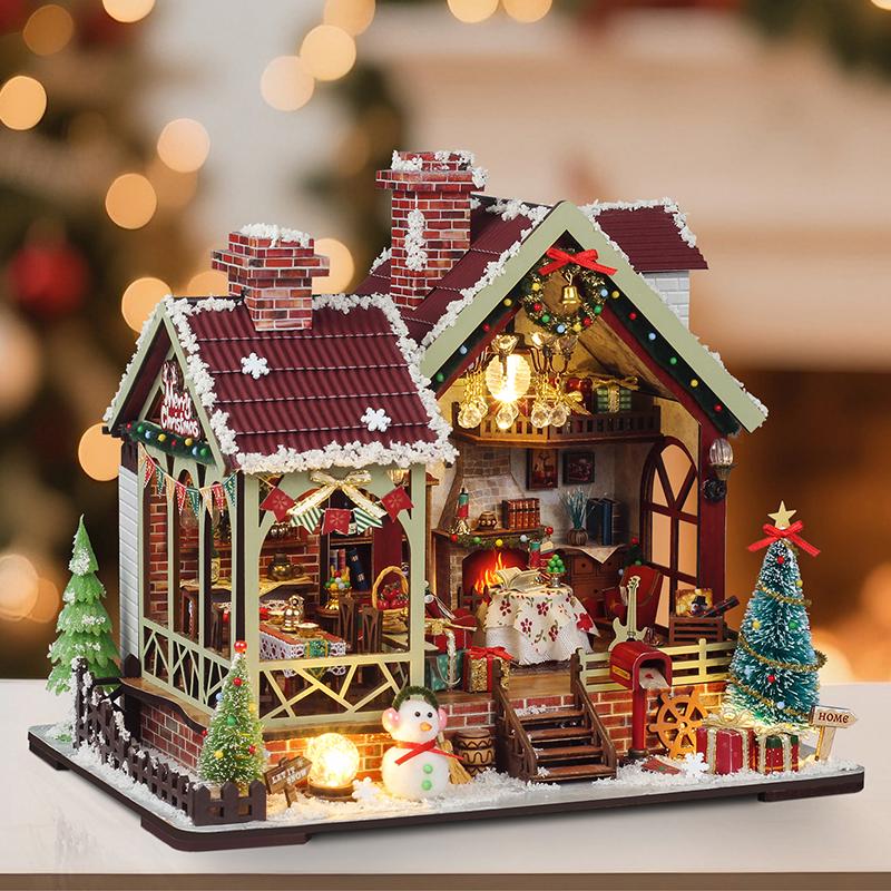 DIY Holzpuppenhaus Warme Weihnachts-Lodge Casa Figuren Miniaturen Zusammengebautes Puppenhaus mit Lichtern für Freunde Weihnachtsgeschenke
