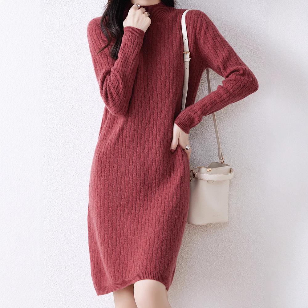 Women's High Neck Knitted Wool Dress - Slimming and Warm for Autumn/Winter