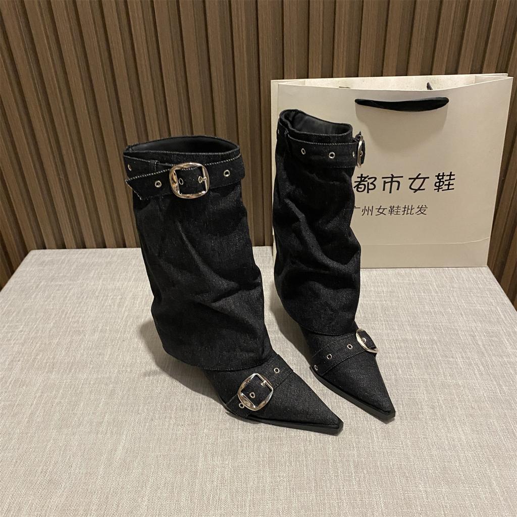 French Retro Pointed Belt Buckle Thin Heel Medium Boots Women's 2025 Autumn and Winter New Temperament Versatile High Heel Trouser Boots