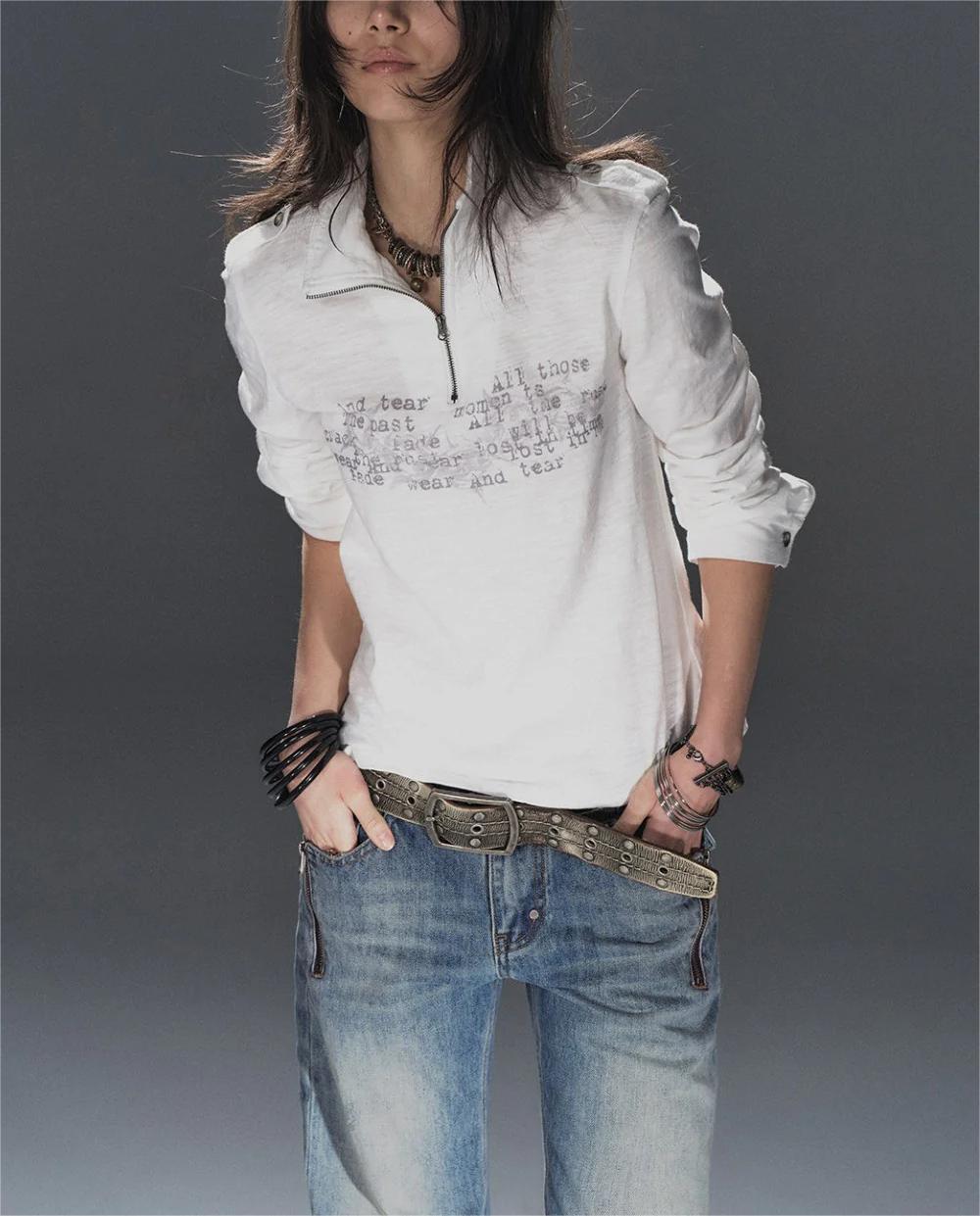 

Women s Artistic Letter Print Retro Half-Zip Stand-Up Collar Long-Sleeve T-Shirt - Spring 2026 New Arrival Extra Large білий