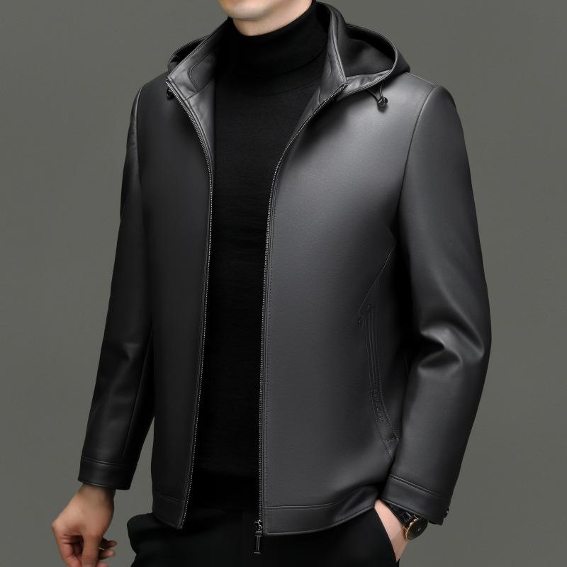 Νέο χειμερινό δερμάτινο μπουφάν με γέμιση πούπουλα προβάτου μεσήλικων, γνήσιο δερμάτινο μπουφάν, ανδρικό αποσπώμενο δερμάτινο μπουφάν με κουκούλα, δερμάτινο μπουφάν με γέμιση πούπουλα πάπιας