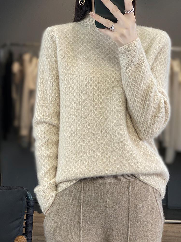Women's 100% Wool Knitted Semi-High Neck Sweater - Thick, Loose, Slimming Autumn/Winter Wear