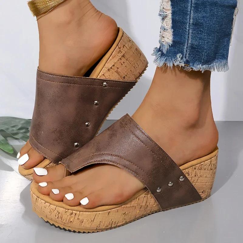 Fashion Women's Vintage Brown Wedge Heel Sandals Summer Clip Toe Non Slip Beach Slippers Woman PU Leather Platform Roman Sandalias Mujer