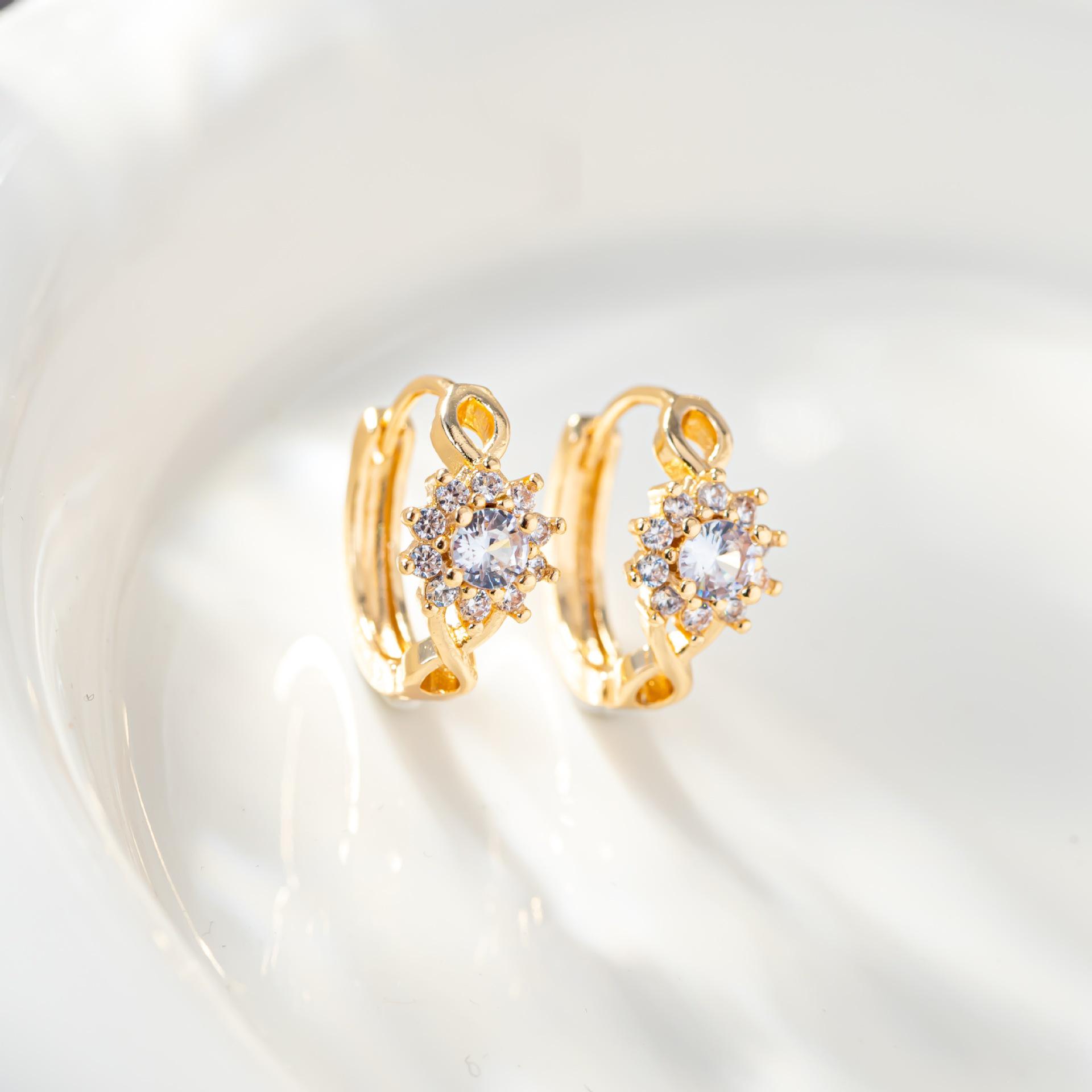 Korean Gold-Plated Zirconia Flower Ear Cuff and Stud Earrings for Women