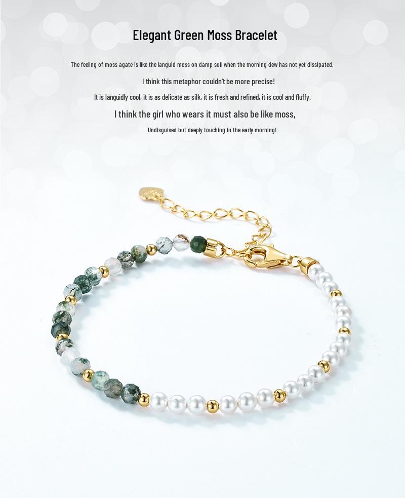 Minimalist Moss Agate & Pearl S925 Silver Bracelet