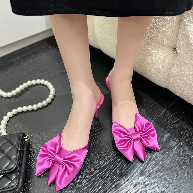 Women's Fashion Slippers  Butterfly-knot Pointed Toe Thin Heels Shoes Women Dress Party Fashion Korean Style Zapatillas De Mujer