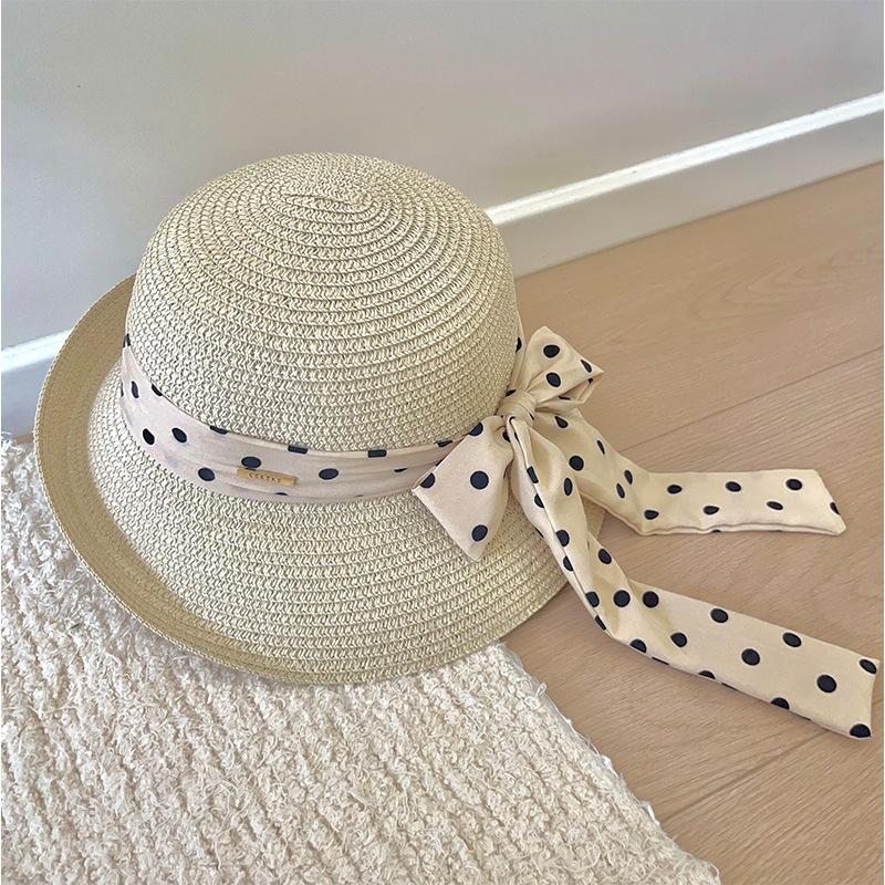 French Elegant Curled Straw Hat Women's Summer Outdoor Travel Polka Dot Bow Ribbon Versatile Wide Brim Sunscreen Hat