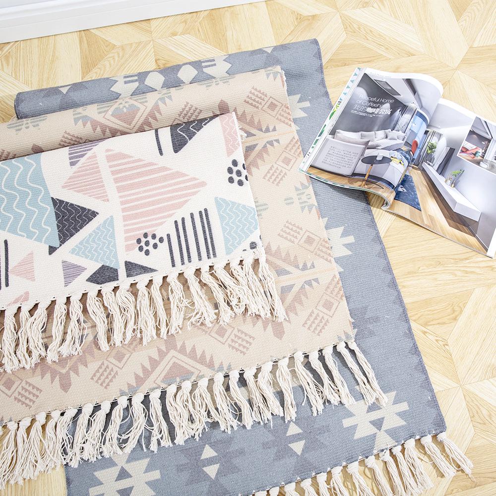 Hand Woven Cotton and Linen Tassel Floor Mat Bedroom Entrance Bedside Geometric Carpet Bathroom Floor Mat