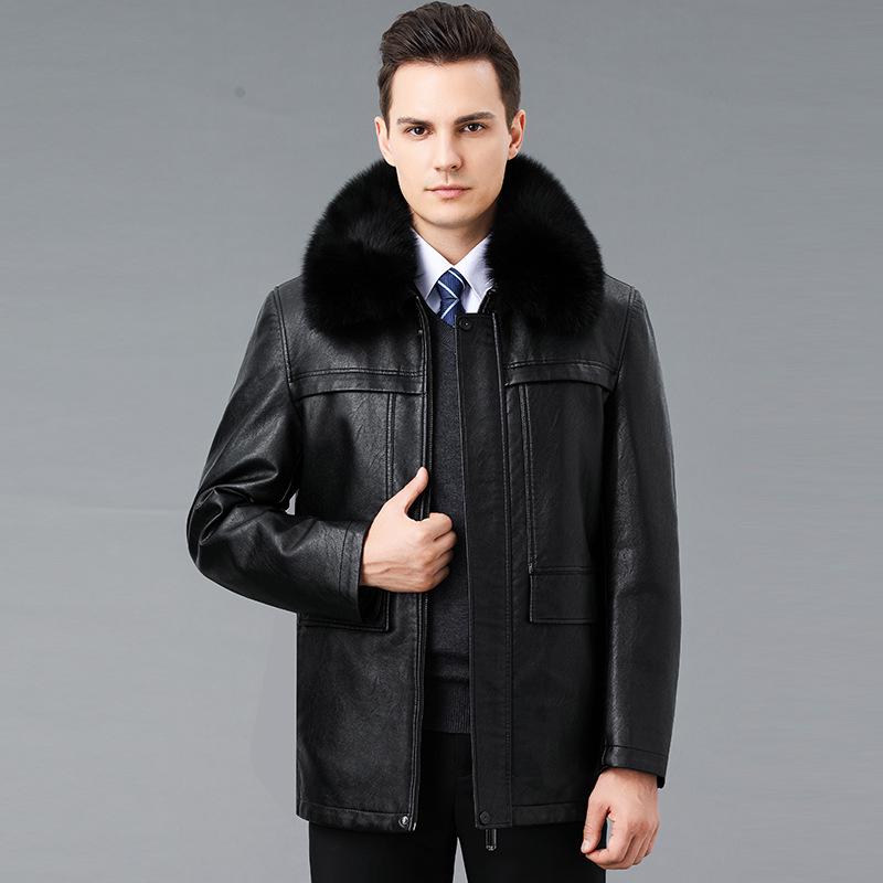 Chaqueta de cuero genuino de invierno para hombre con cuello de piel desmontable y forro de plumón: ideal para personas de mediana edad y mayores.