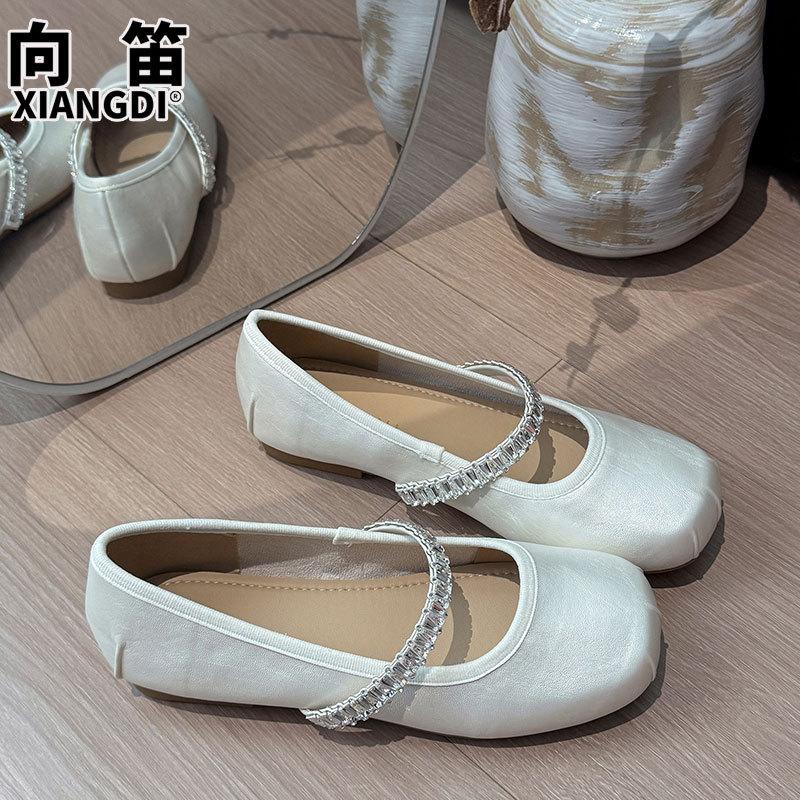 Prägnante Damen-Loafer mit niedrigem Absatz, glänzenden Kristallen, weicher Sohle, rutschfest, Sommer, leicht, eckige Zehenpartie, Plateau, elegant, französische Mary Jane Schuhe