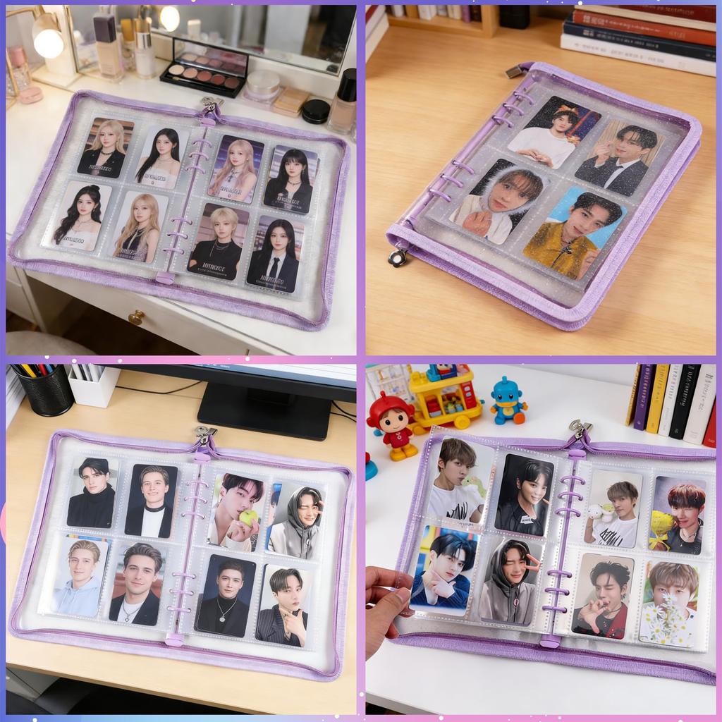 PAKESI Card File A5 Card Binder with 20 Holds 160 Perfect for Fan Activities 6-Hole 4-Pocket Refills, Double-Sided, Cards, Glittery, (Clear Glitter,