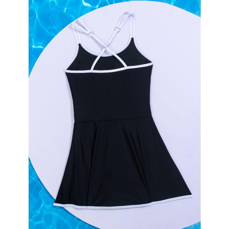 Women's New Matching Color Double Strap Skirt Slim Sexy Onepiece Shorts Bikini Swimsuit