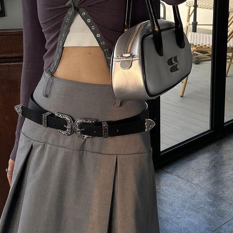 And Chic Black Coffee Pu Wide Waist Belt With Double Head Floral Buckle For Looks Trendy
