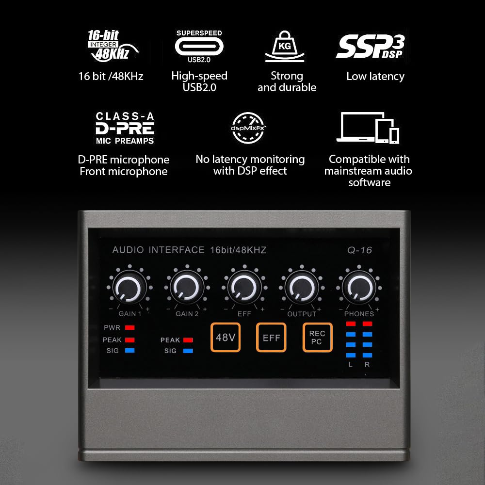 Audio Interface XLR Audio 48V Phantom Sound Plug and for Music Online and Vocal Black Recording, Interface, DSP, Reverb, Power, Card, 16-bit/48kHz
