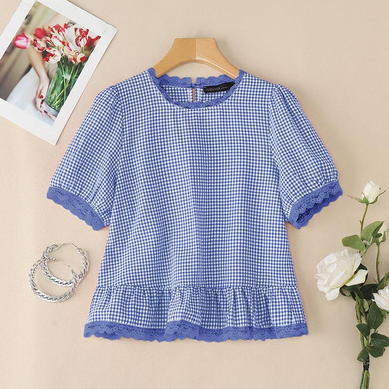 

ZANZEA Женская повседневная блузка с кружевной вставкой, круглым вырезом и короткими рукавами, с принтом в клетку 5XL синий