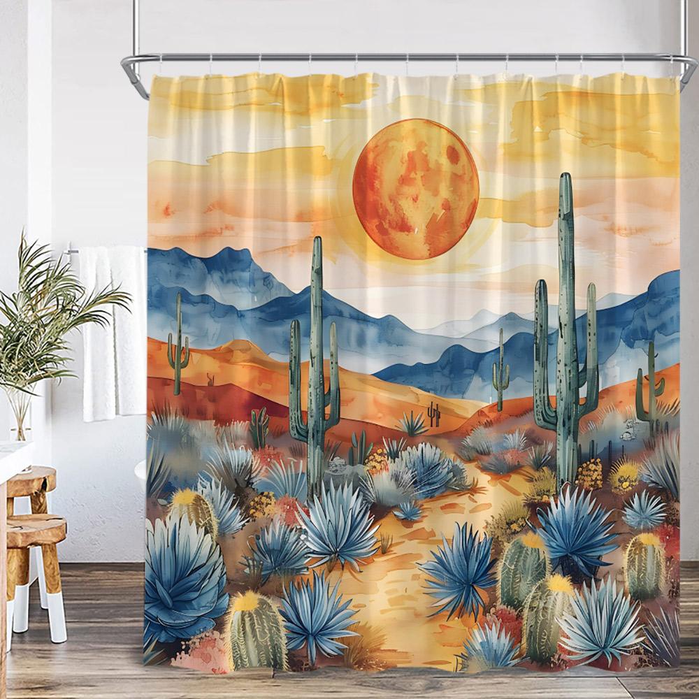 Cactus Cartoon Shower Curtain Desert Green Plant Watercolor Boho Vintage Bathtub Curtain with Hook Home Decorations for Bathro