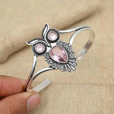 Pink Kunzite Beautiful Gemstone 925 Sterling Silver Handmade Bracelet Jewelry Adjustable Cuff