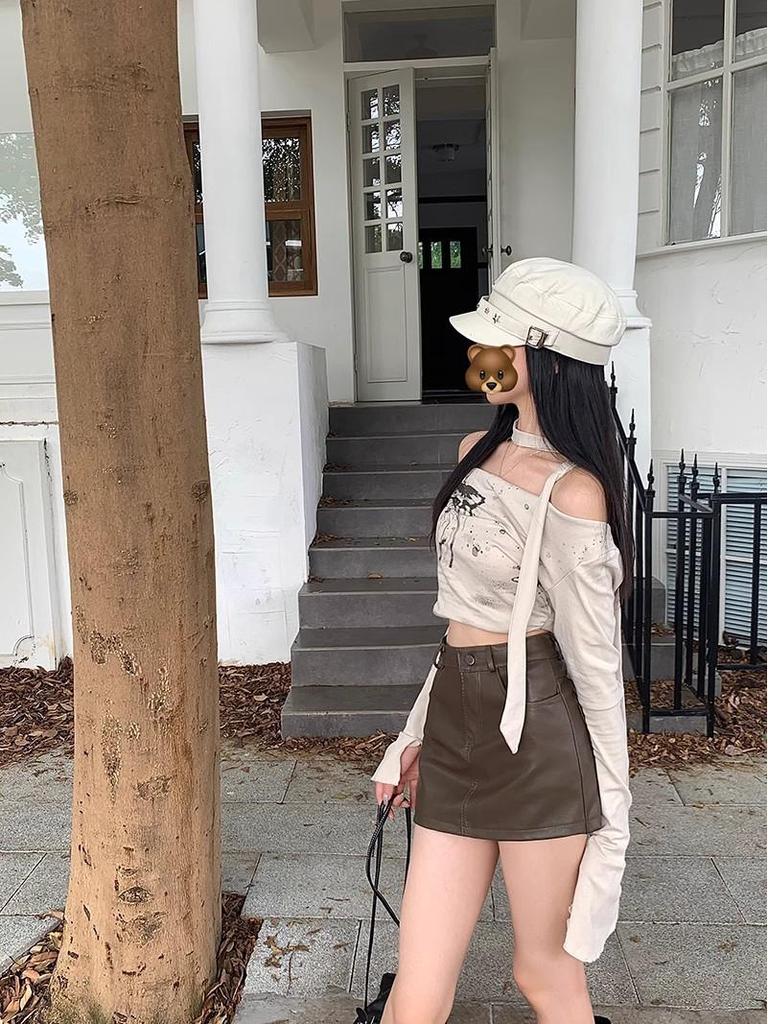 Summer 2025 Petite High Waist A-Line Brown PU Leather Skirt for Women