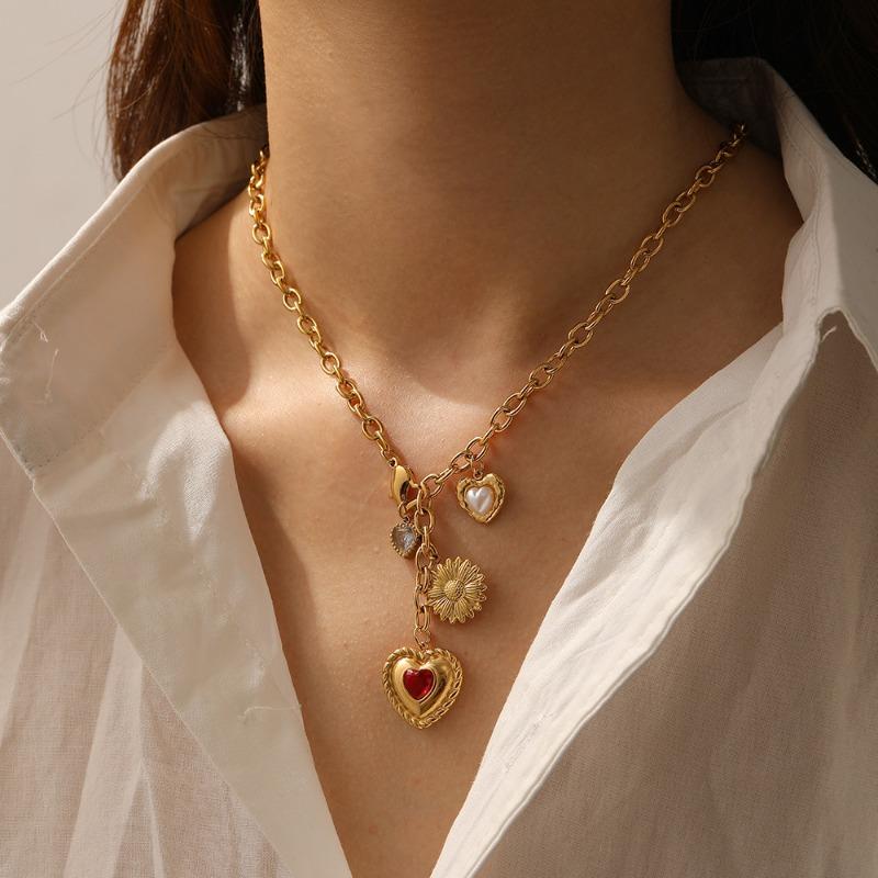 18K Gold Plated Heart Daisy Charm Lariat Necklace, Dainty Multi-Charm Station Y-Drop Chain for Women, Trendy Jewelry