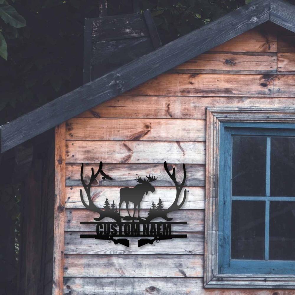 Hunting Moose Metal Wall Sign Personalized Rustic Home Decor Gift for Men