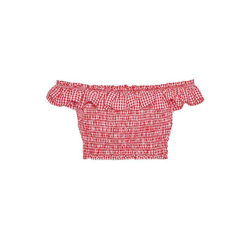 

Summer Women s Clothing Fashion Style Honeycomb Format Elastic Neckline Laminated Stylish Short Top 3564101 Red L