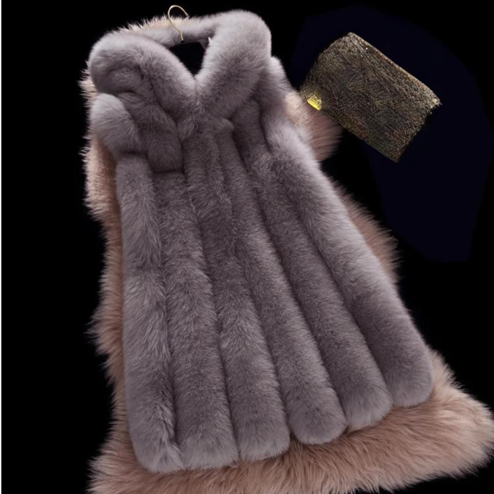 S-4XL Winter Warm Striped Faux Fox Fur Thick Overcoat Women Casual Long Vest Female Open Stitch Cardigan With Hat Slim Coat
