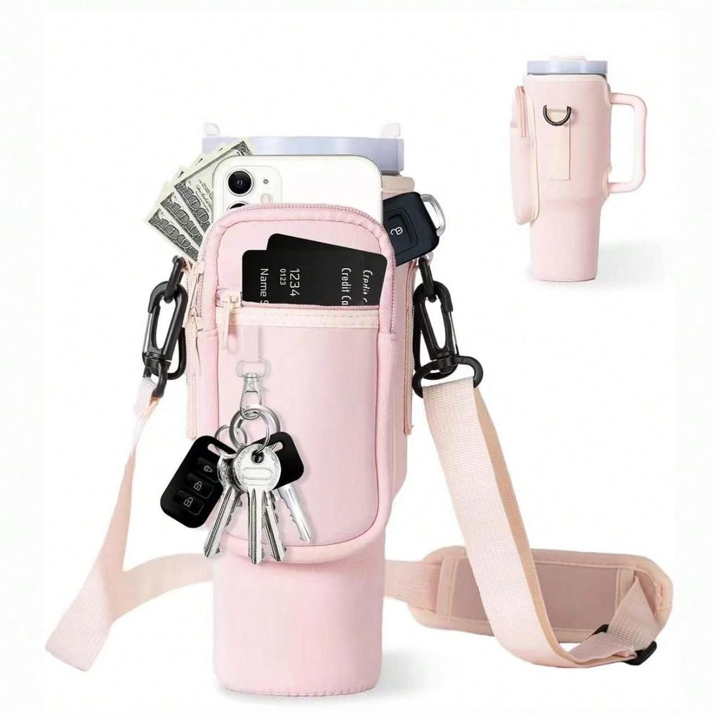 1PC Water Bottle Carrier Bag With Phone Pocket,Suitable For 40/30 Oz Tumbler With Handle With Adjustable Strap Bollus Hiking Travelling Camping