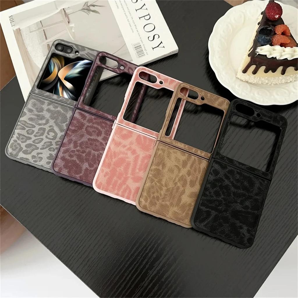 Fashion Leopard Print Phone Case for Samsung Galaxy Z Flip 6 Z Flip 5 Z Flip 4 Z Flip 3 Ultra Thin Leather Shockproof Case