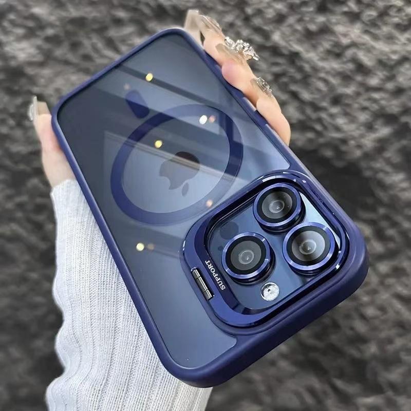 With Camera Glass Metal Lens Bracket Acrylic Clear Cover Magnetic Transparent Phone Case for Iphone 13 14 15 16 17Pro Max Cases