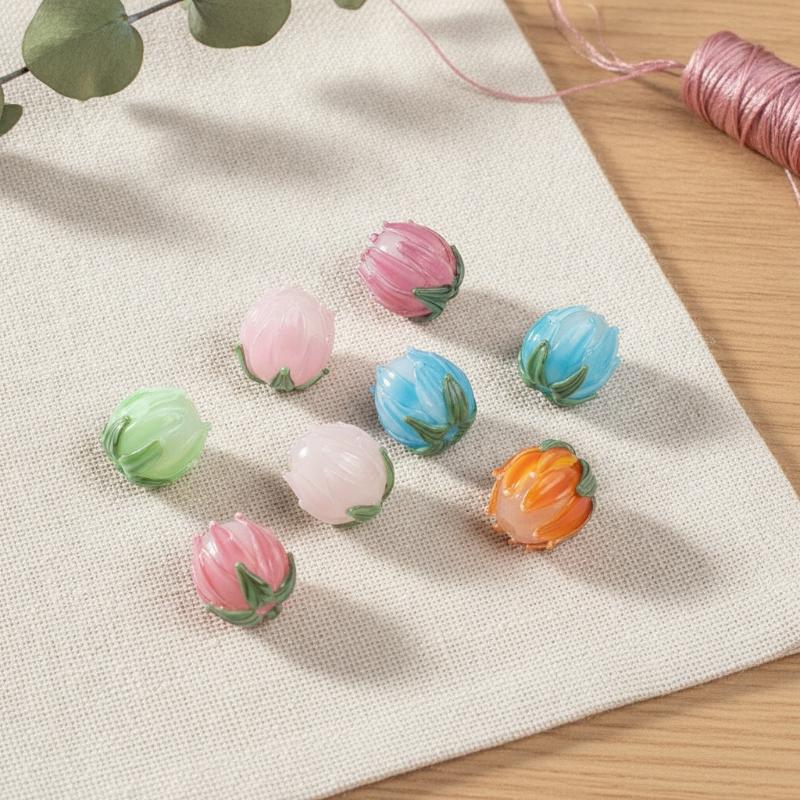 2Pcs Hand Painted Lampwork Glass Flower Bud Beads Vintage Tulip Loose Beads For Diy Bracelet Necklace Phone Chain Jewelry Making