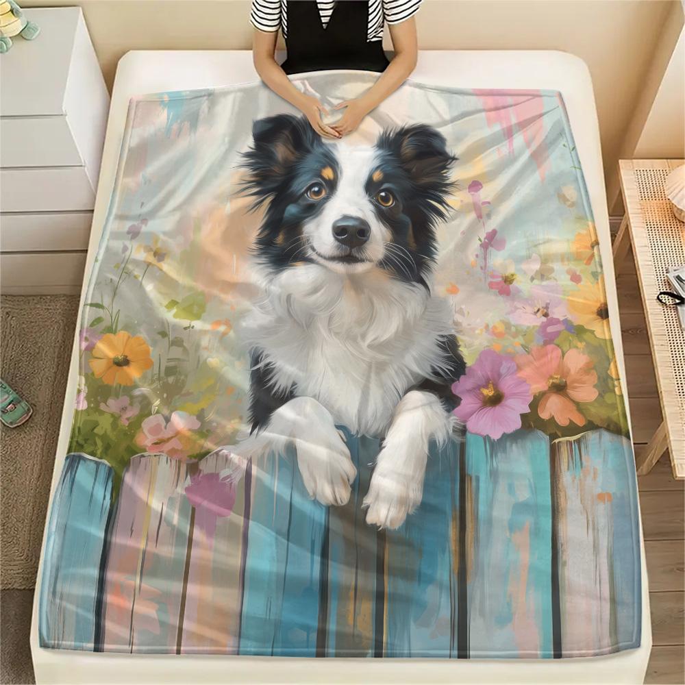 Flower Fence Dogs  Print Flannel Blanket, High quality Comfortable for All Seasons, Home Decor, Warmth and Comfort