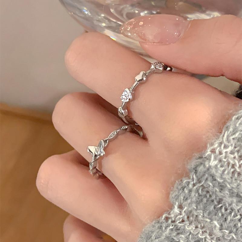 Elegant Silver Adjustable Open Ring For Women With Unique Insect And Heart Design