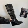 Vintage Pointed Toe Women Pleated High Boots Patent Leather Shoes Wedges High Heels Party Autumn Winter Ladies Long Booties