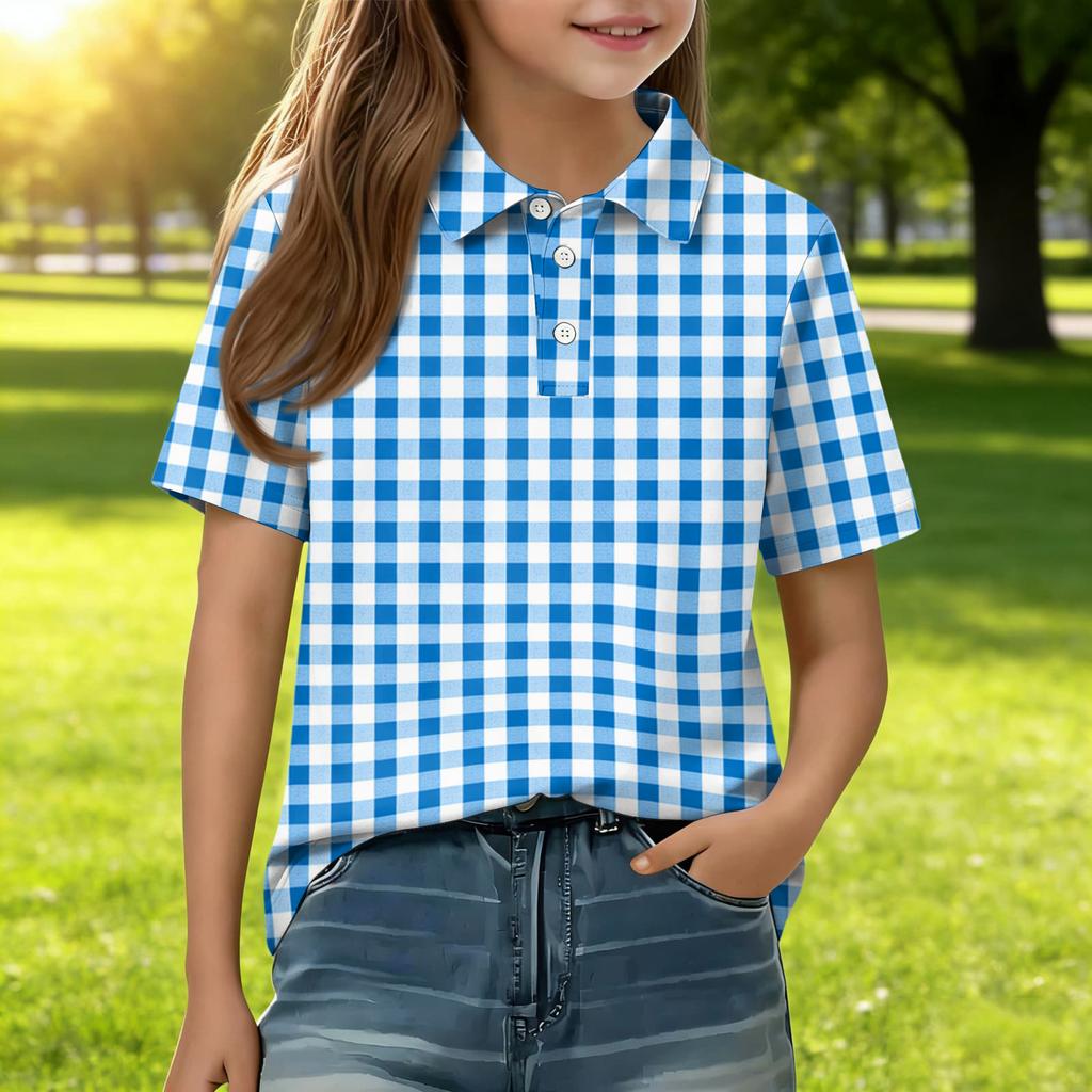 Short Sleeve Plaid Polo Shirt for Girls Classic Pattern Button Front Casual Blouse for Kids Teens