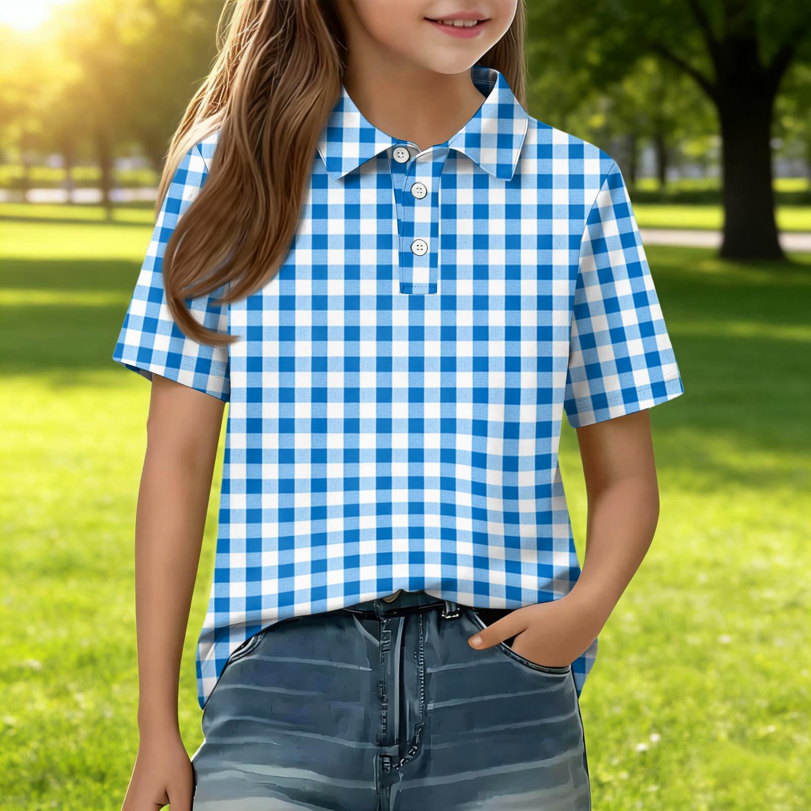 

Short Sleeve Plaid Polo Shirt for Girls Classic Pattern Button Front Casual Blouse for Kids Teens 140