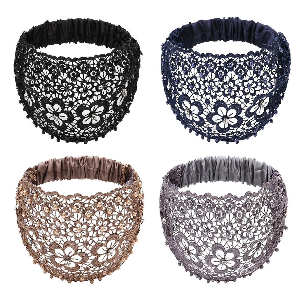 Lace Headband Wide Floral Pearl Lace Elastic Headbands Hair Accessories for Women Girls Stylish Hair Scarf for Yoga Gym Sports