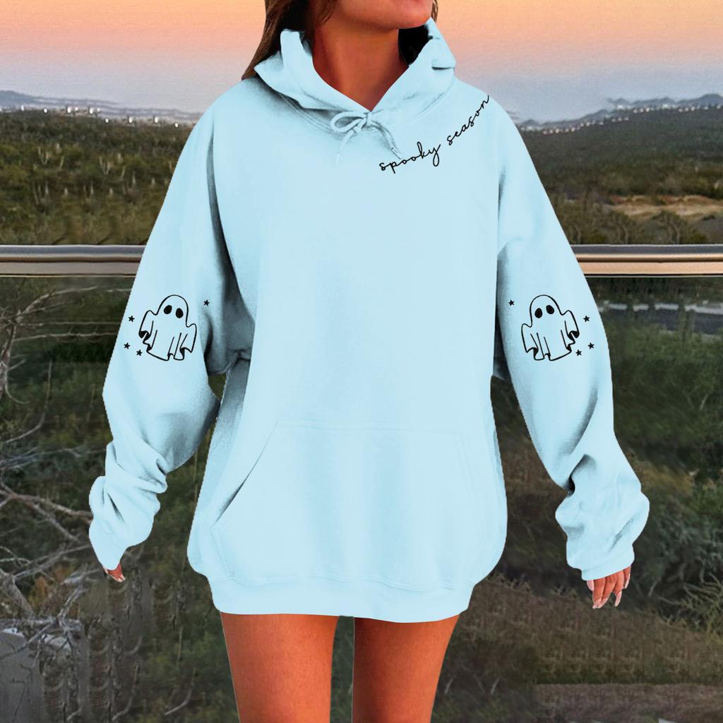 Women's Solid Color Long Sleeve Casual Halloween Print Pullover Hooded Sweatshirt