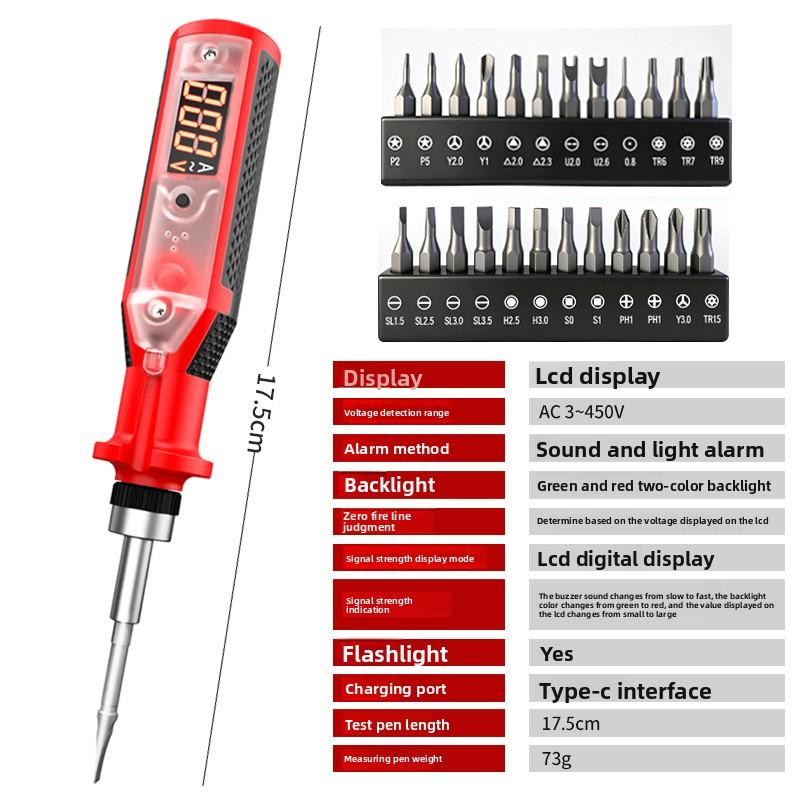 Intelligent Voice Digital Display Voltage Tester Pen, Type-C Rechargeable, Multifunctional Ratcheting Electric Pen with Bits
