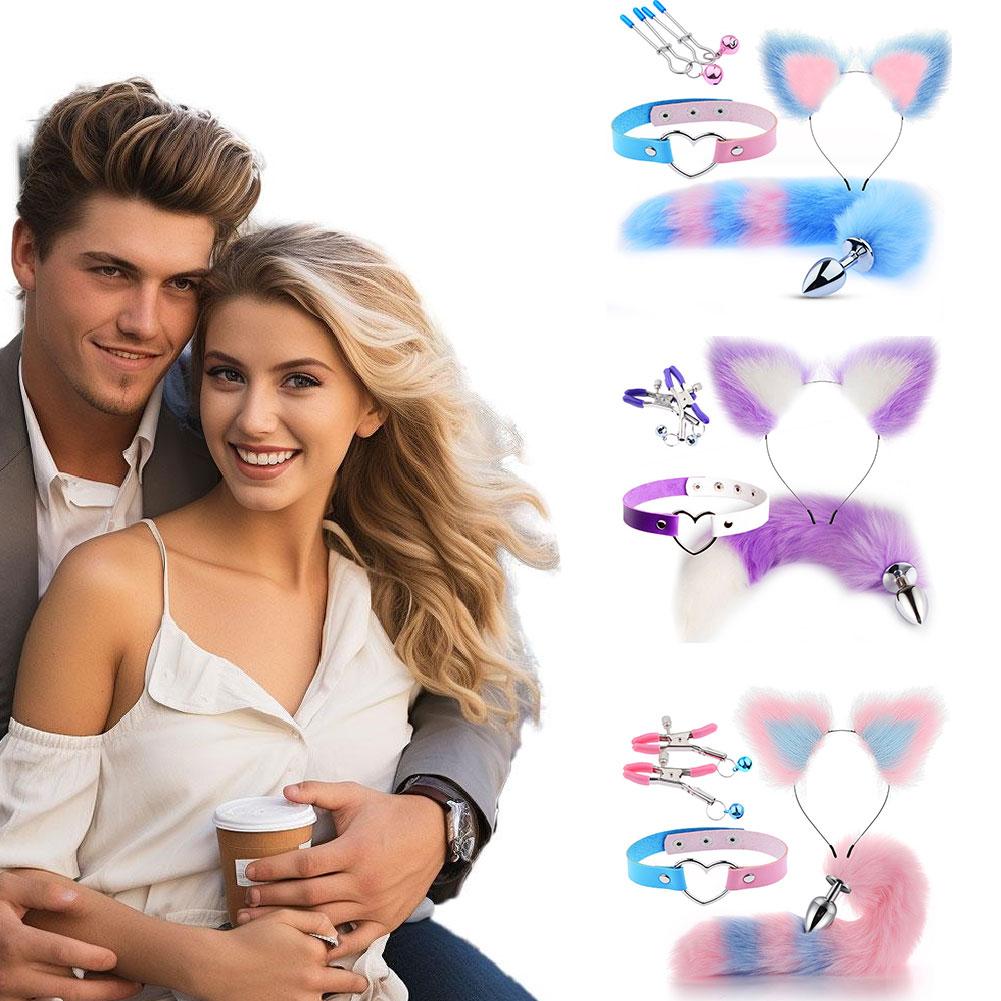 Cute Fox Tail Anal Plug Set Cat Ears Headband Nipple Clip Neck Collar Erotic Cosplay Toys For Women Intimate Play