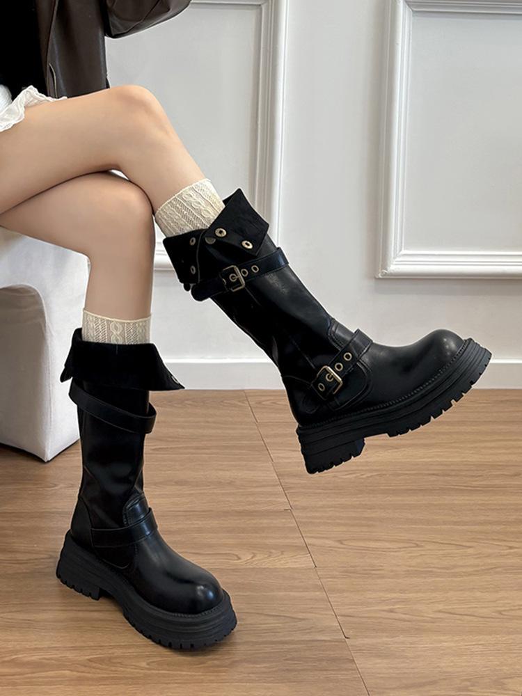 Genuine Leather Cowhide Two-Way Height-Enhancing Boots for Women - Retro High-Tube Long Knight Boots for Autumn and Winter