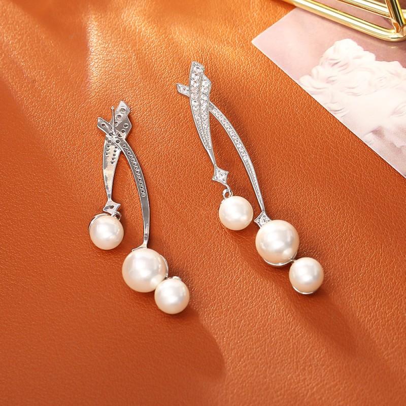 Elegant Long Drop Earrings With Micro-Paved Pearls Gold Plated Sterling Hypoallergenic Lightweight Fashion Jewelry